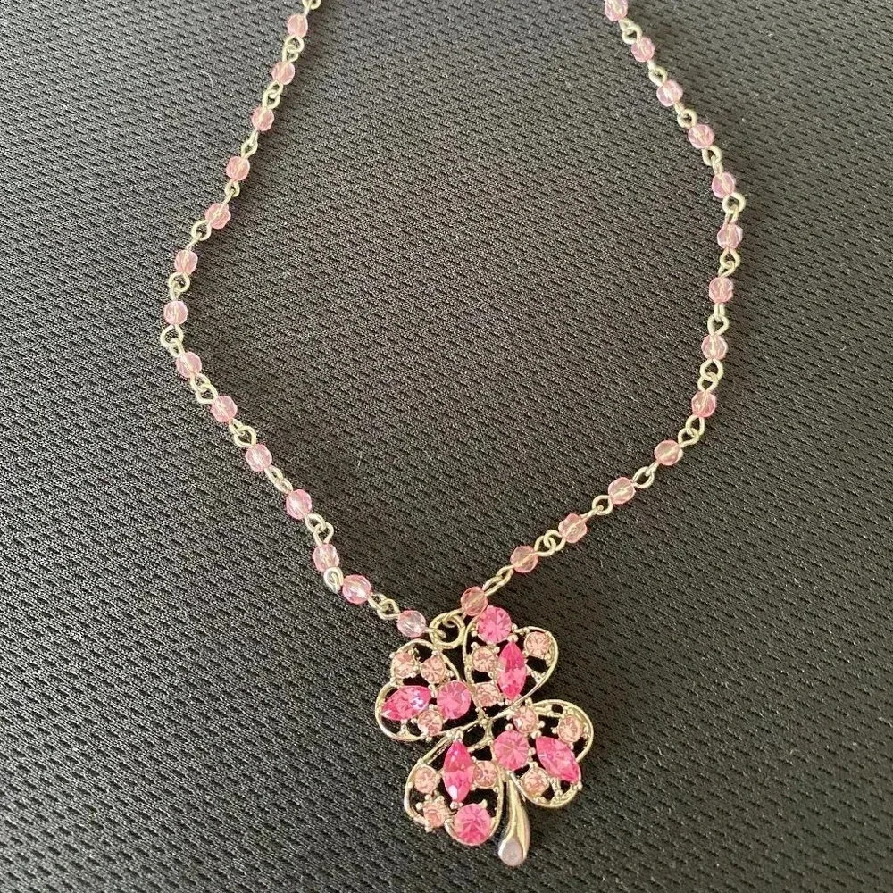 Pretty Pink Crystal & Rhinestones Pendant Necklace with pink beads